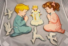 Vintage Nursery 50  s Praying Girl  Boy Pressed Cardboard Wall Art Angel  Doves