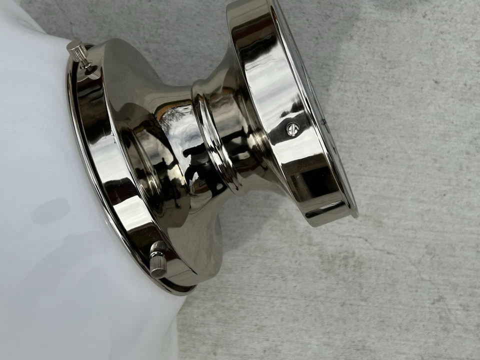 Large Vintage Opal Glass Shade Polished Nickel Fixture Semi-Flush Schoolhouse - Image 4 of 4