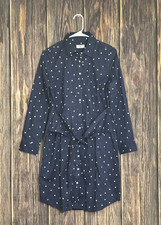UNTUCKit Womens 6 Madeline Navy White Polka Dot Shirt Dress Tie Waist Pockets