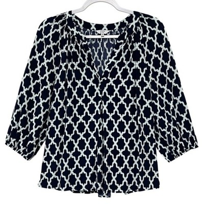 Crown & Ivy Rayon Top Women M Moroccan Trellis Lightweight Navy White Turquoise
