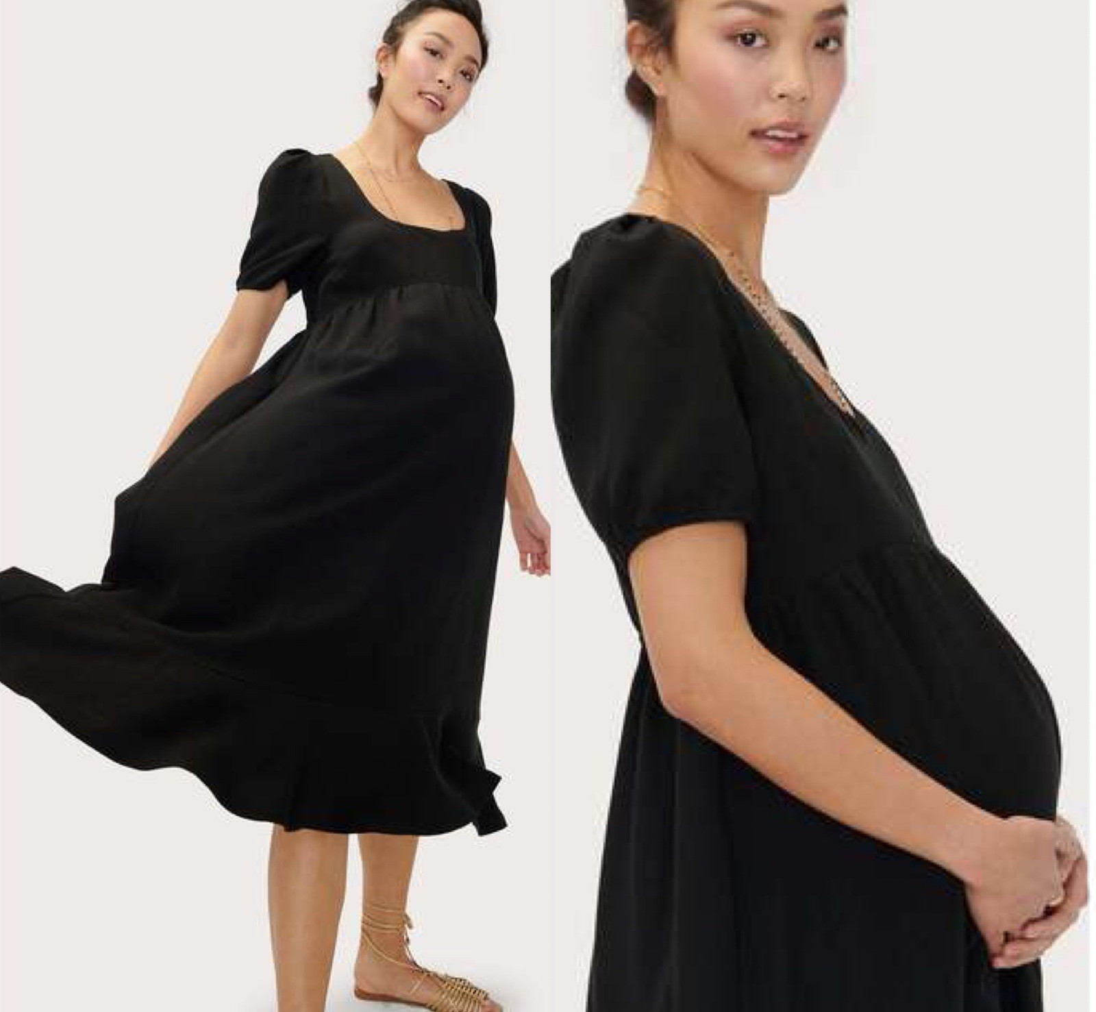 NEW Hatch Maternity Black Tisha Tencel Linen Short Sleeve Pockets Midi Dress