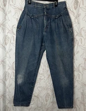 Vtg. P.S. GITANO Women Blue Denim Jeans HIGH WAIST Mom front pleated baggy leg 