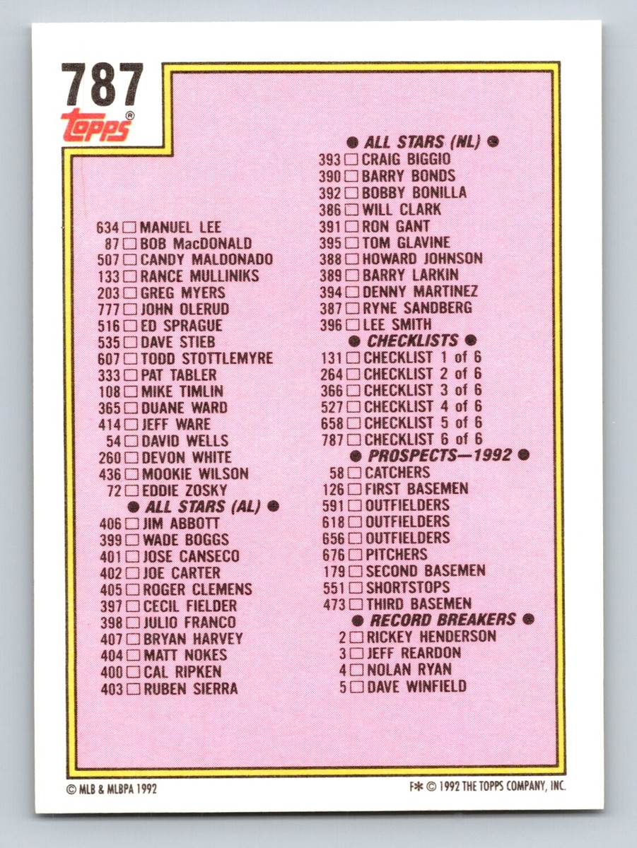 Checklist 6 of 6 1992 Topps #787 Checklist | eBay