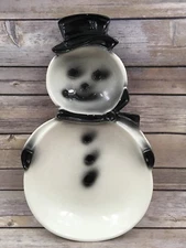 Vintage USA Pottery #3 Black and White Snowman Sectioned Tray Platter Chip Dip
