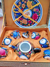 Vintage Japanese 8pc Tea Set Brocade Box Miniature Tea Cups