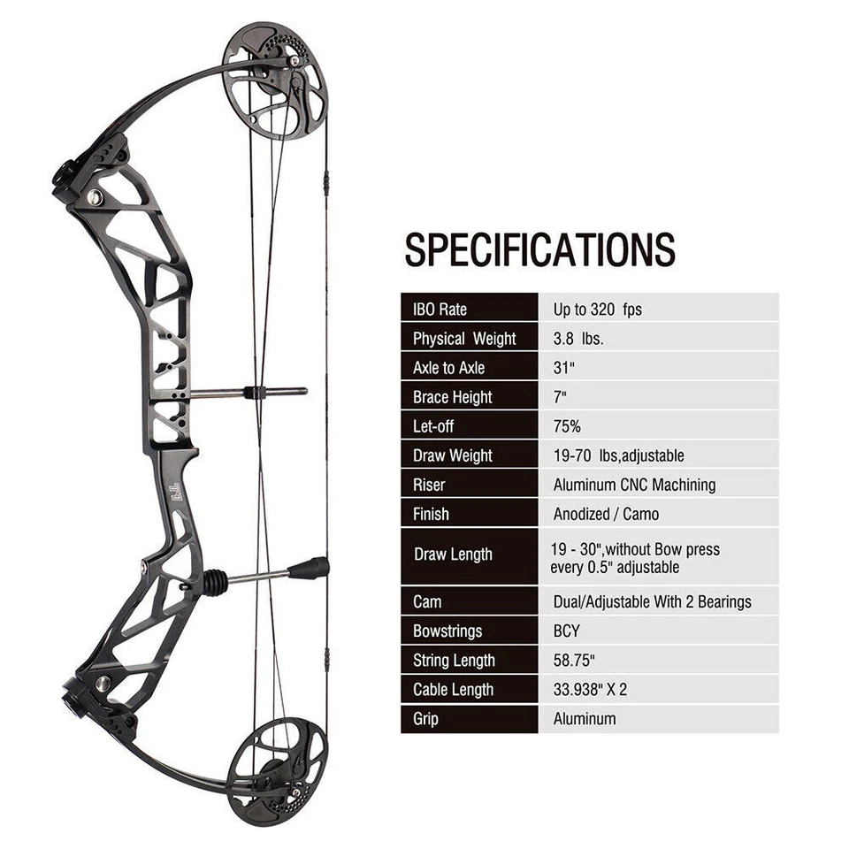 TOPOINT Compound Bow Set 19-70lbs Adjustable 320FPS Archery Hunting Target Shoot - Image 3 of 4
