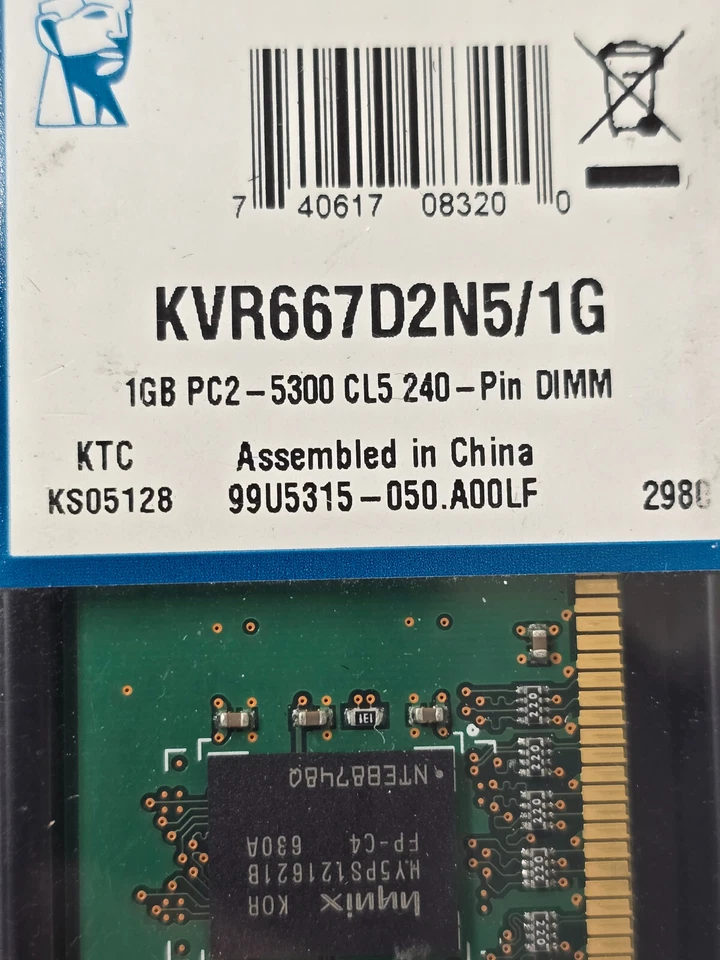 Kingston KVR667D2N5 1GB PC2-5300 CL5 240 DIMM【Sealed】 - Image 3 of 3