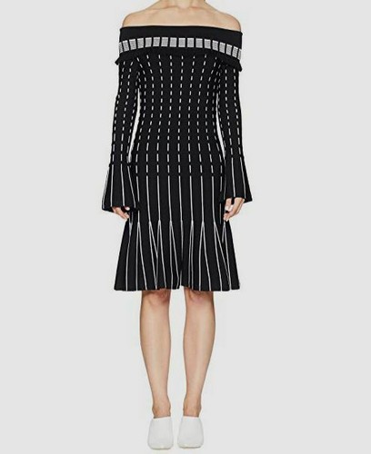Prabal Gurung Viscose Knits Off The Shoulder Long Sleeve Dress Women's Dress Black/White : SM