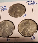 SET OF 3 1943 STEEL LINCOLN WHEAT PENNIES  EXTREMELY FINE CONDITION  P, D AND S