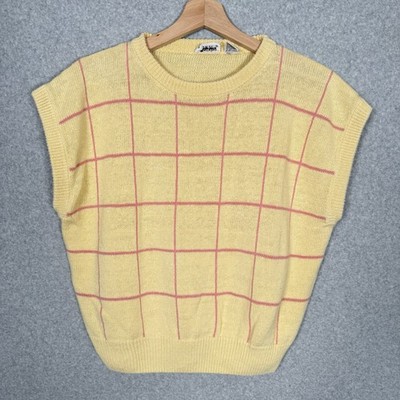 country suburbans sweater vest womens XL yellow pink checkered vintage 80s cropp