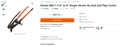 #ad Rigid Pipe Cutter 1 1 2quot; to 6quot; 59698 Single Stroke No Hub Soil Pipe Cutter $500.00