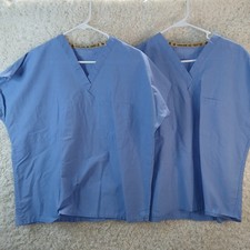 2 Fashion Seal Light Blue V Neck Scrub Top Short Sleeve Medical Work Uniform M