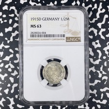 1915-D Germany 1/2 Mark NGC MS63 Lot#HP450 Silver! Choice UNC!