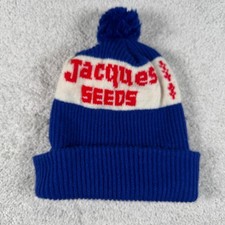 Jacques Seeds Beanie Hat Unisex OS Blue Vitg 80s Knit Pom Pom Farm Seed Feed