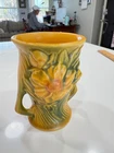 Vintage Roseville Pottery Amber Peony Double Handled Vase 57-4 Perfect 4 1/4"