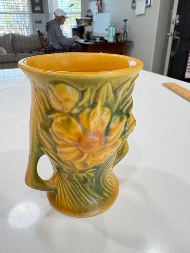 Vintage Roseville Pottery Amber Peony Double Handled Vase 57-4 Perfect 4 1/4"