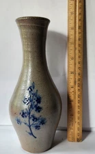Rowe Pottery Works Salt Glaze Vase 8.5" blue flowers (2000)
