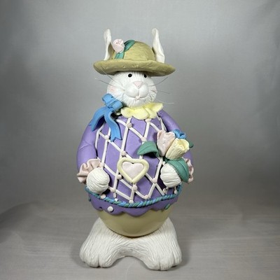 Easter Glass Ball Polymer Clay White Bunny Rabbit Pink Flowers Figure Decor