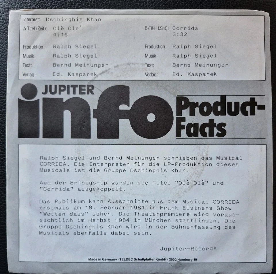 7" Single. Dschinghis Khan/Ole Ole (Corrida). Promo , EX, VG+. - Bild 2 von 3