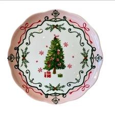 Potter's Studio CHRISTMAS TREE PINK Salad Plates 9in Ceramic Bows Holiday New