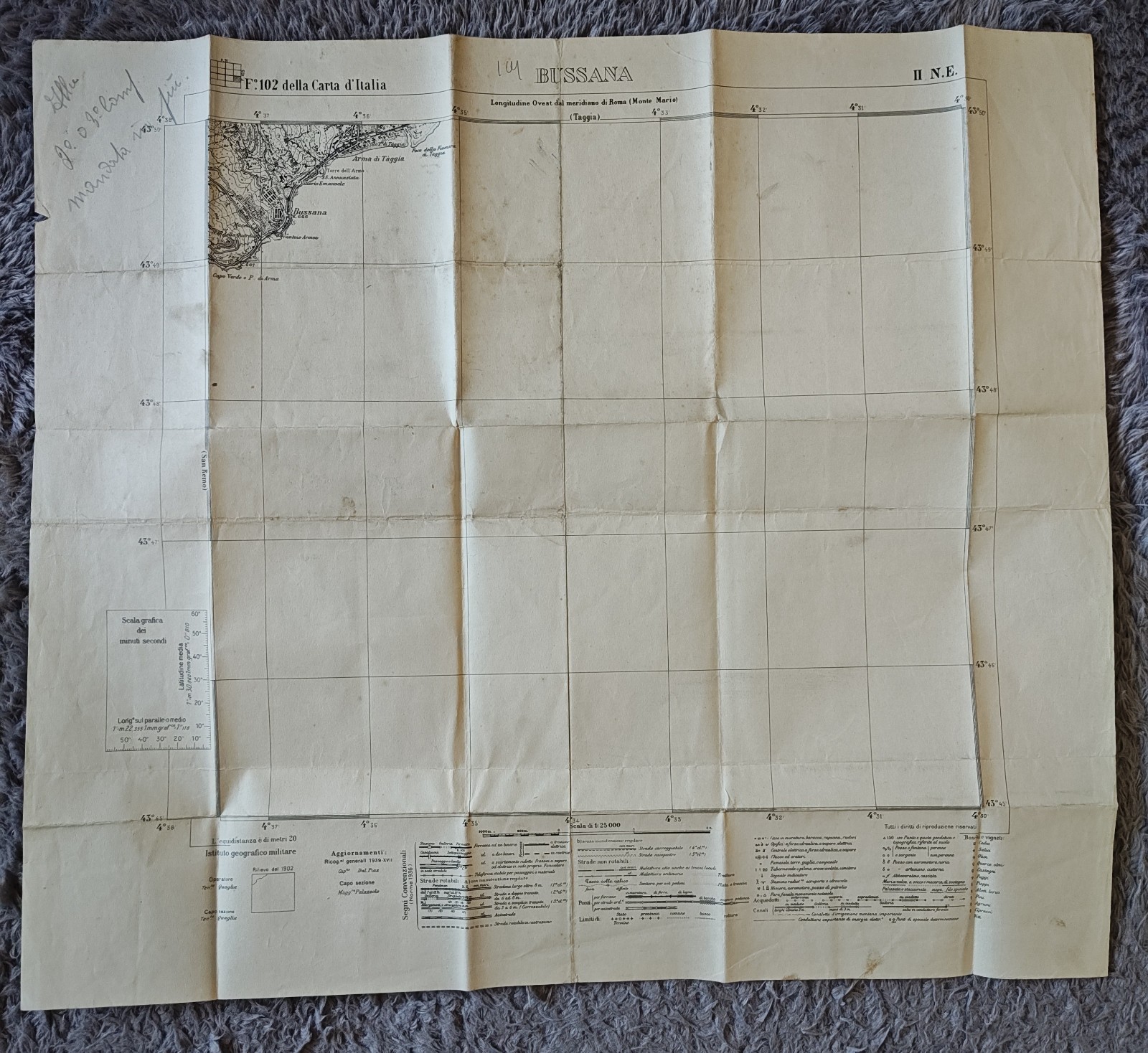 Istituto Geografico Militare Carta F.102 Bussana 1932 1:25.000 agg.44