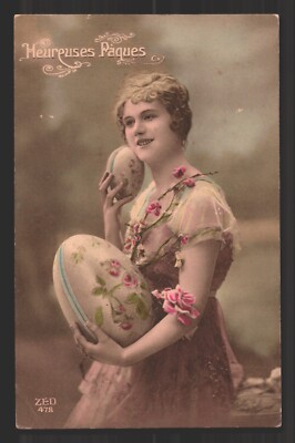 Smiling Lady Holding Huge Egg Happy Easter French Hand Tinted Antique Postcard