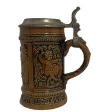 Vtg Gerz Lidded Stein Ausunserem W. Germany Stoneware Hunter 6” 3D Raised Cherub