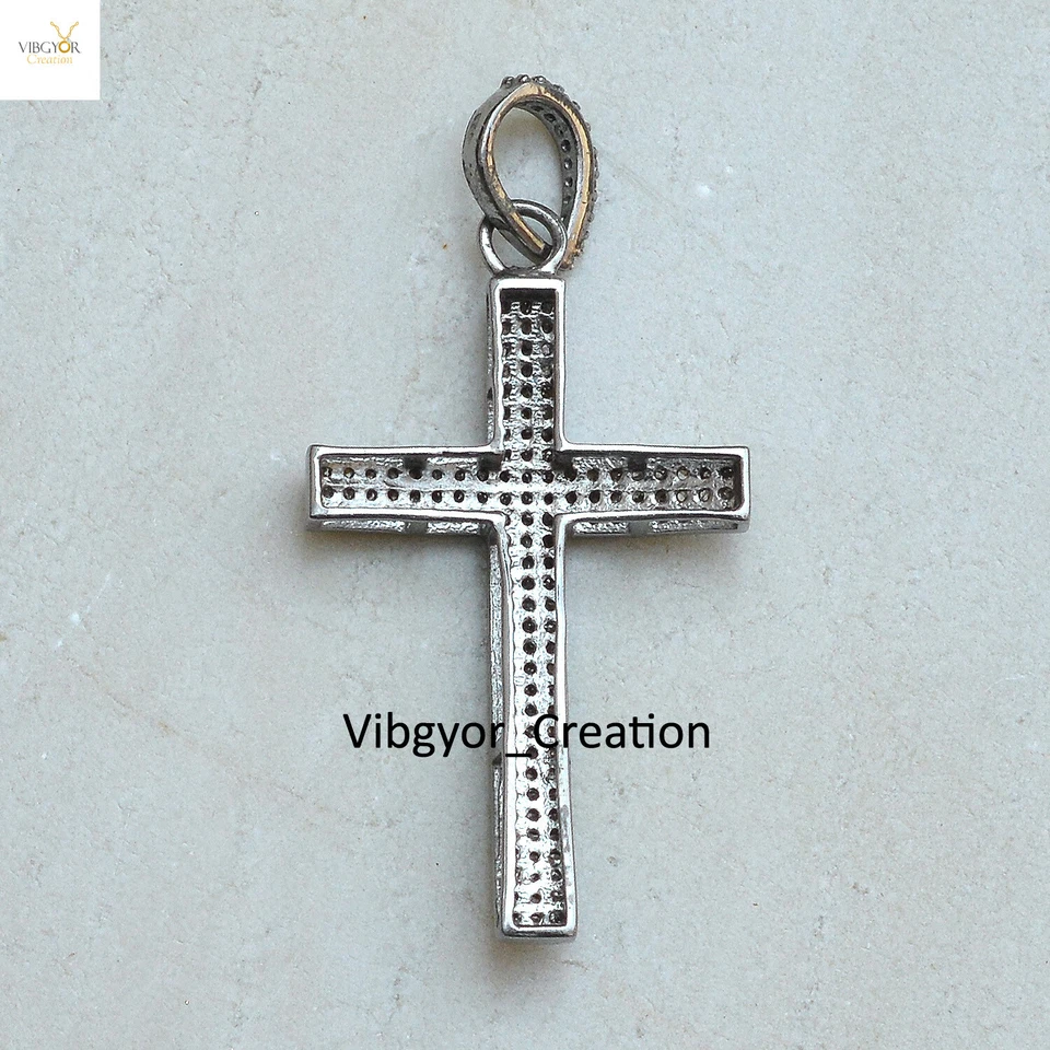 Colgante Cruz Diamante Pavé Natural Cadena Eslabón 16" Plata Sólida 925 Regalo Navidad Foto 3 de 3