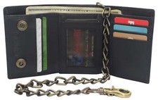 Black Men's RFID Blocking Trifold Leather Biker Chain Wallet W/ Snap Closure