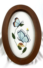 Handmade Cross Stitch Butterfly Picture in Oval Wooden Frame Slight Damage