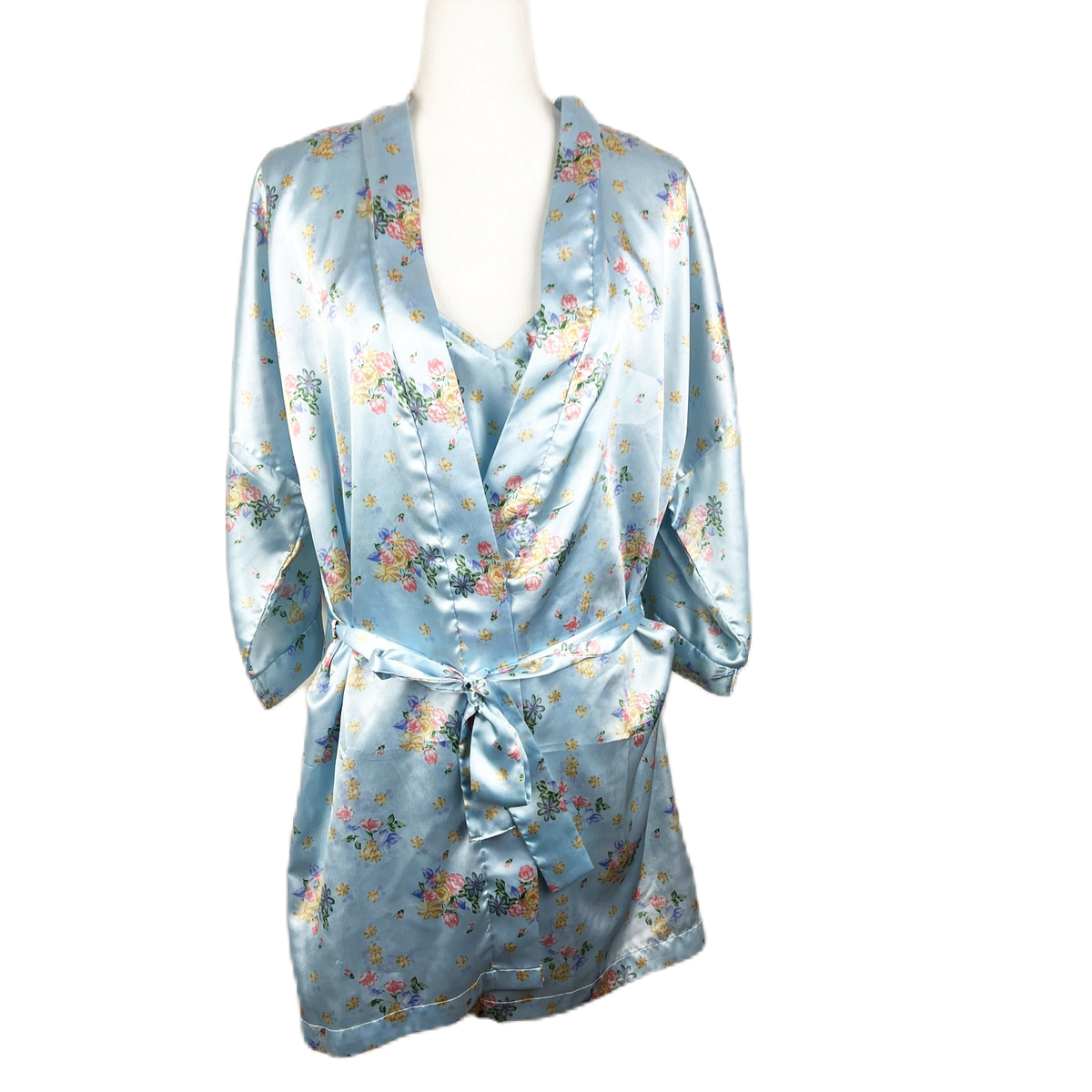 Vintage Elissia Robe Dress Set Women Medium Blue Tank Floral Satin