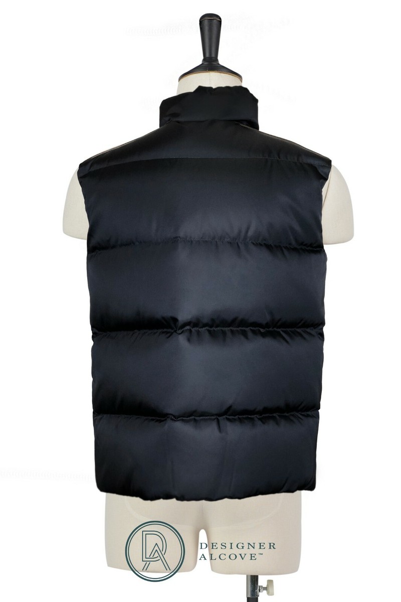 PRADA Men Down Vest Blue Brown Leather Pads Triangle Logo PRADA Men Down Vest Blue Brown Leather Pads Triangle Logo