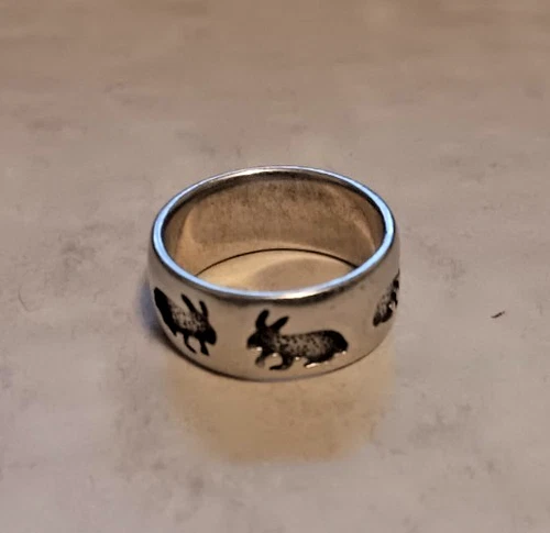Vintage Sterling 925 Silver 7mm Rabbits Ring Band Size 7.5 PSCL Peter Stone