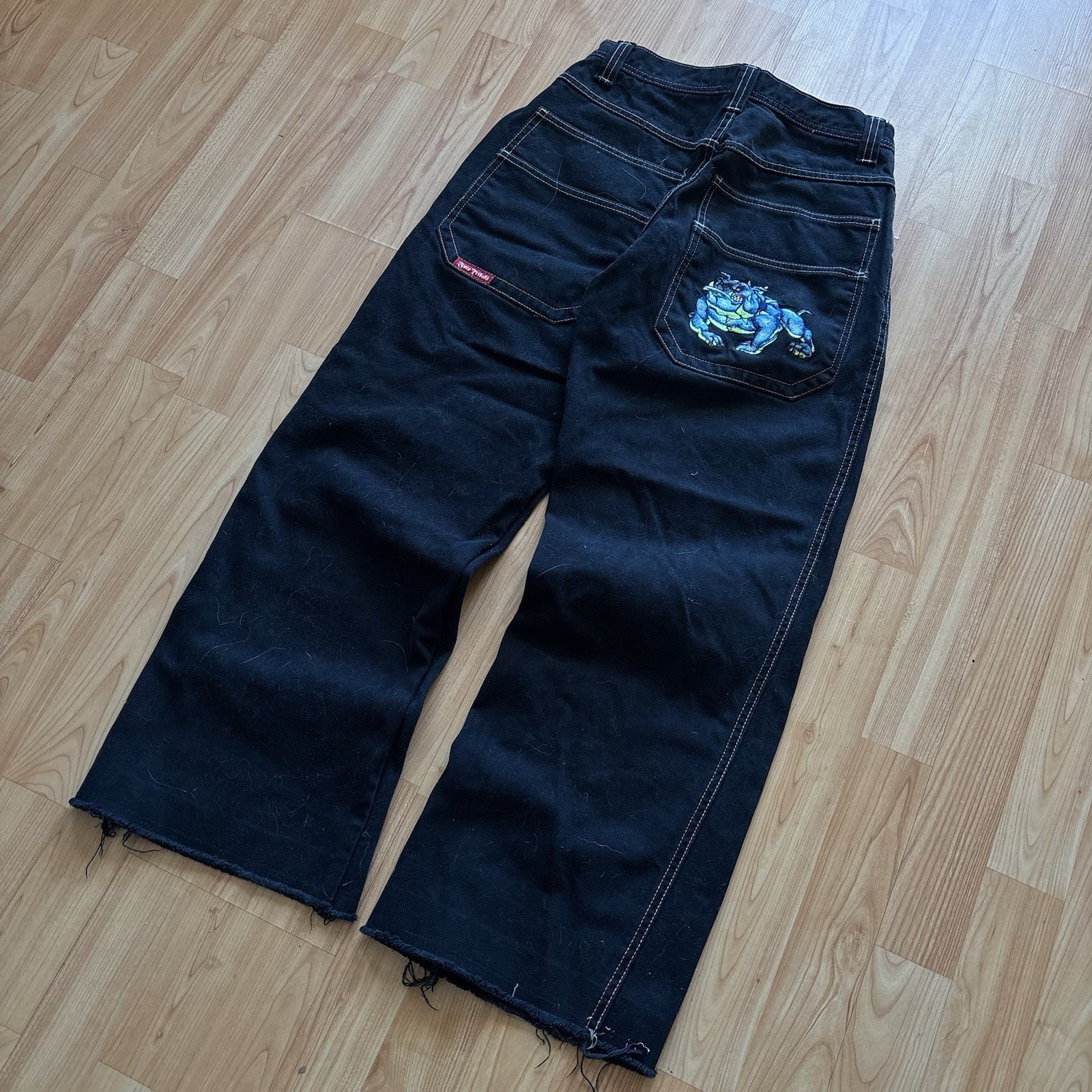 Vtg Y2K Woman’s Essential Baggy Wide Legged Bulldog Jnco Tribal Jeans Sz 26X28! image 2