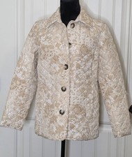 Chico's Size 1 US Medium Sz 8 Tan Beige Floral Quilted Jacket Collared Button Up