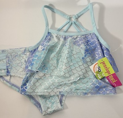 Penelope Mack Girls Mermaid Scale Bikini 2pc Blue Purple Ruffle Swim