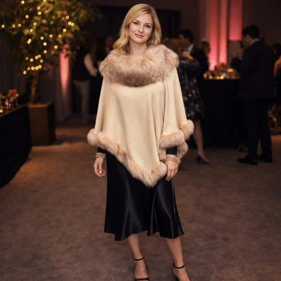 🌻NEW w/tag JAYLEY Oatmeal Faux Fur Trim Poncho One Size.