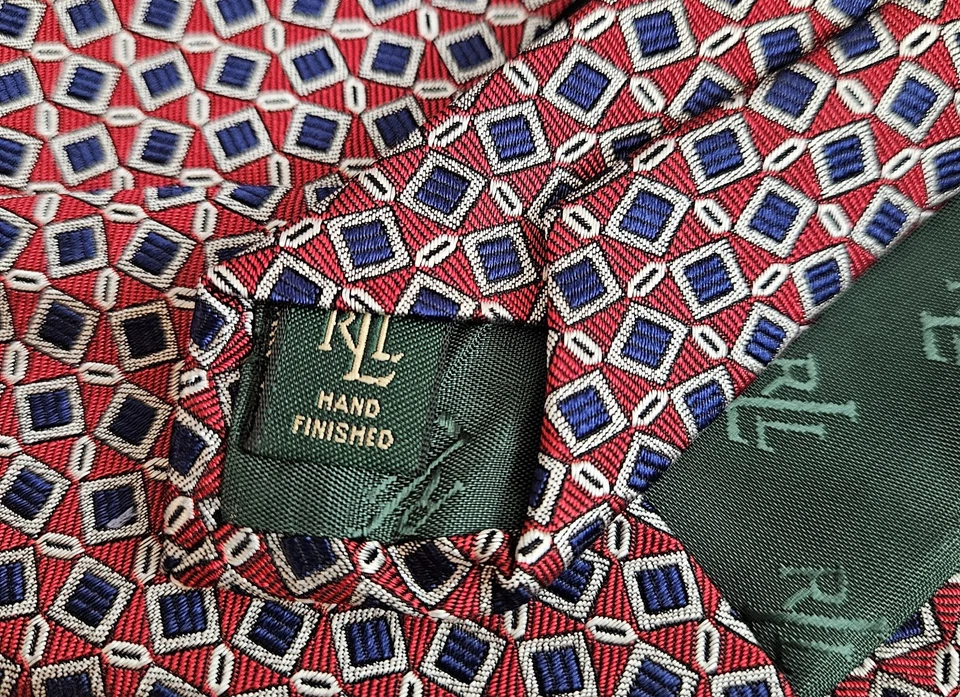 Corbata Lauren Ralph Lauren Roja Azul Plata Geométrica LRL Etiqueta Verde Diseñador Para Hombres Foto 4 de 4