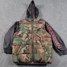 Nike Air Jordon Puffer Jacket Youth 7 Large Camo Black Hooded Sleeve Insulated
