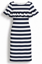 Eliza J Dress Womens 8 Navy White Stripe Ruffle Sheath Nautical Preppy Midi