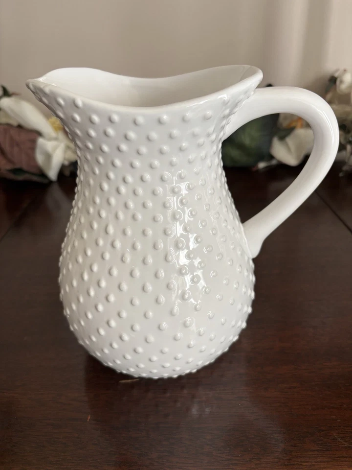 Timeless Treasures Pitcher White Ceramic Swiss Dot Design Hobnail Flower Vase - Image 3 of 4