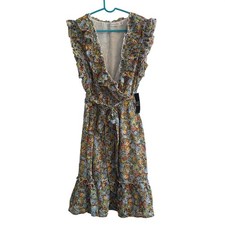 New York & Company Floral Ruffle Midi Dress Blue Orange V-Neck Tie Waist Medium