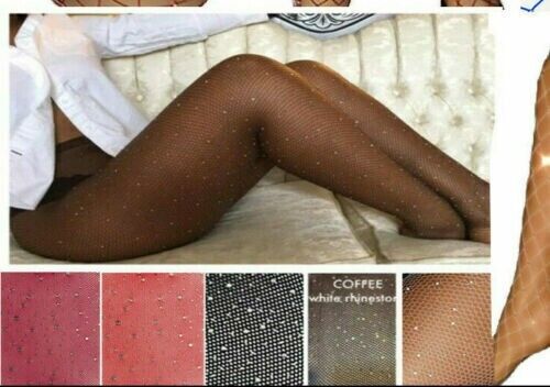 3 x Brown Sparkly Diamante Rhinestone Crystal Glitter Diamond Fishnet Tights SML - Picture 1 of 2