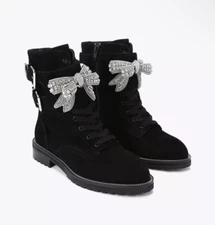 Kurt Geiger Combat Boots Shoes 38 / 7- 7.5 US Bow Rhinestone Leather Black $390