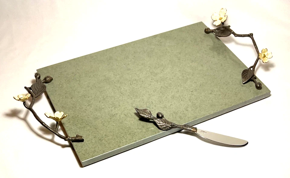 Michael ARAM~Beautiful Marble 18.5" CHEESE BOARD w/Dogwood Handles+Knife+Bag+Box - Image 2 of 4