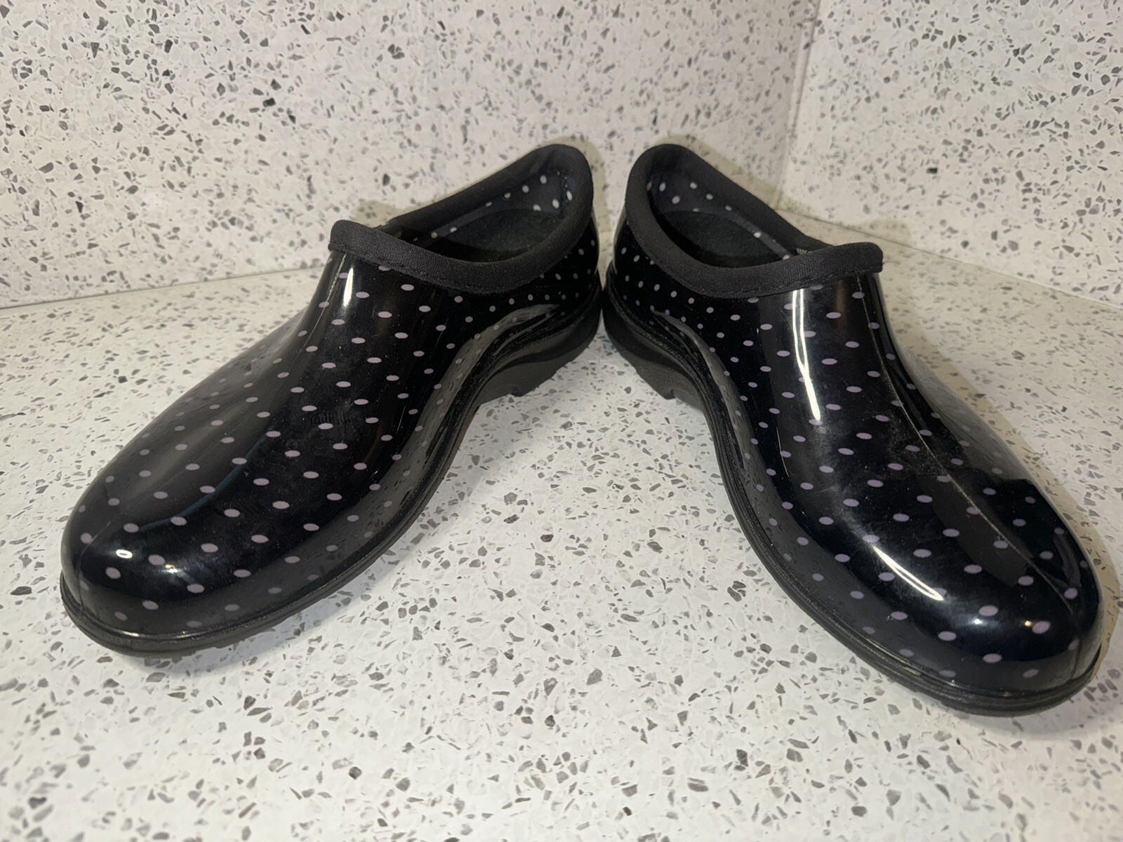 Sloggers Womens Rain Garden Slip on Clogs Black with Polka Dots Size 9