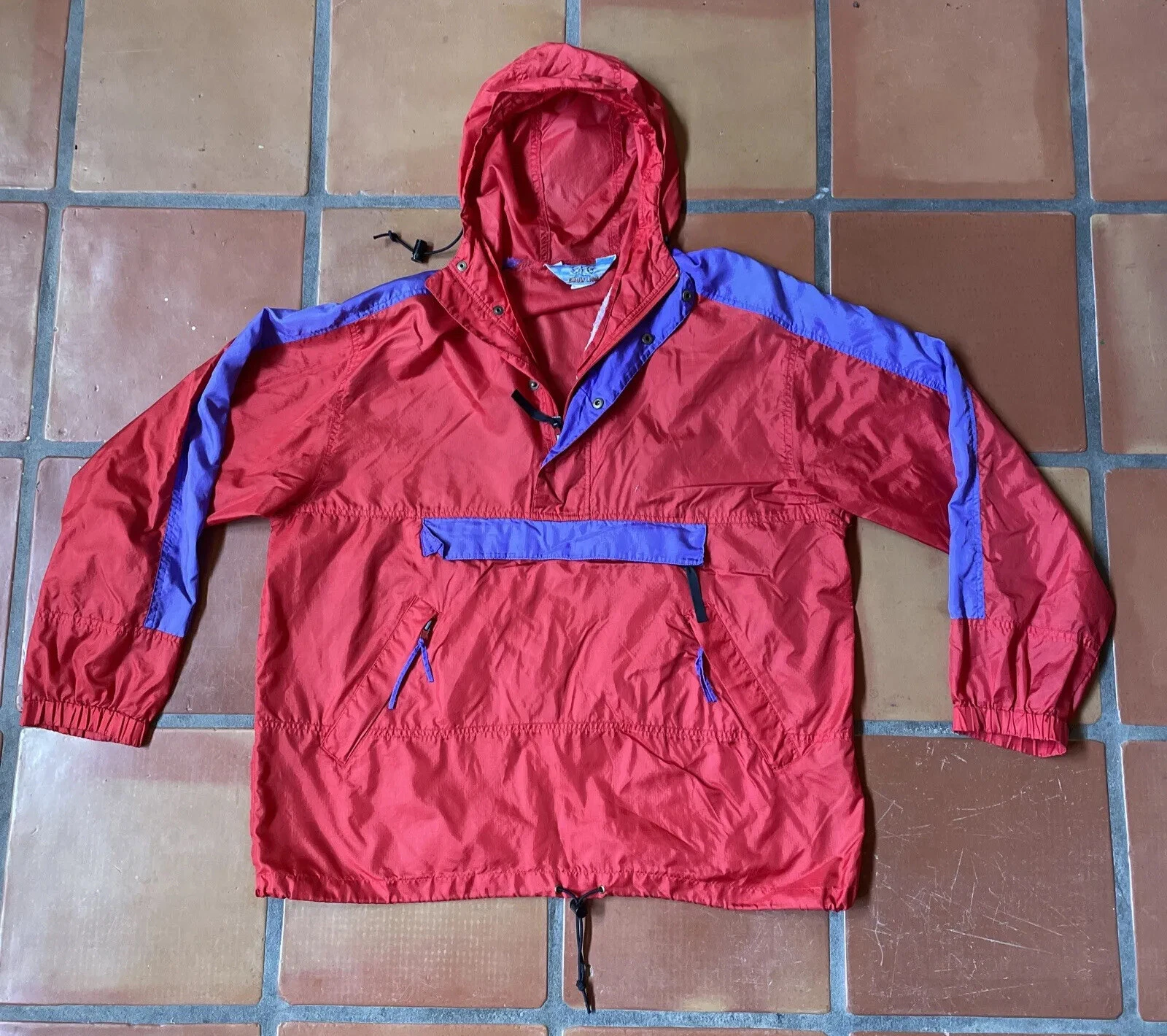 Vintage SNOW LION 90s Mens LARGE Red & Purple Windbreaker Kangaroo Pocket EUC