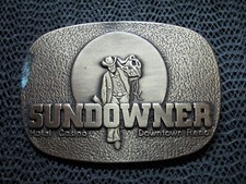 SUNDOWNER HOTEL CASINO DOWNTOWN RENO BELT BUCKLE VINTAGE RARE RJ 1970s USA