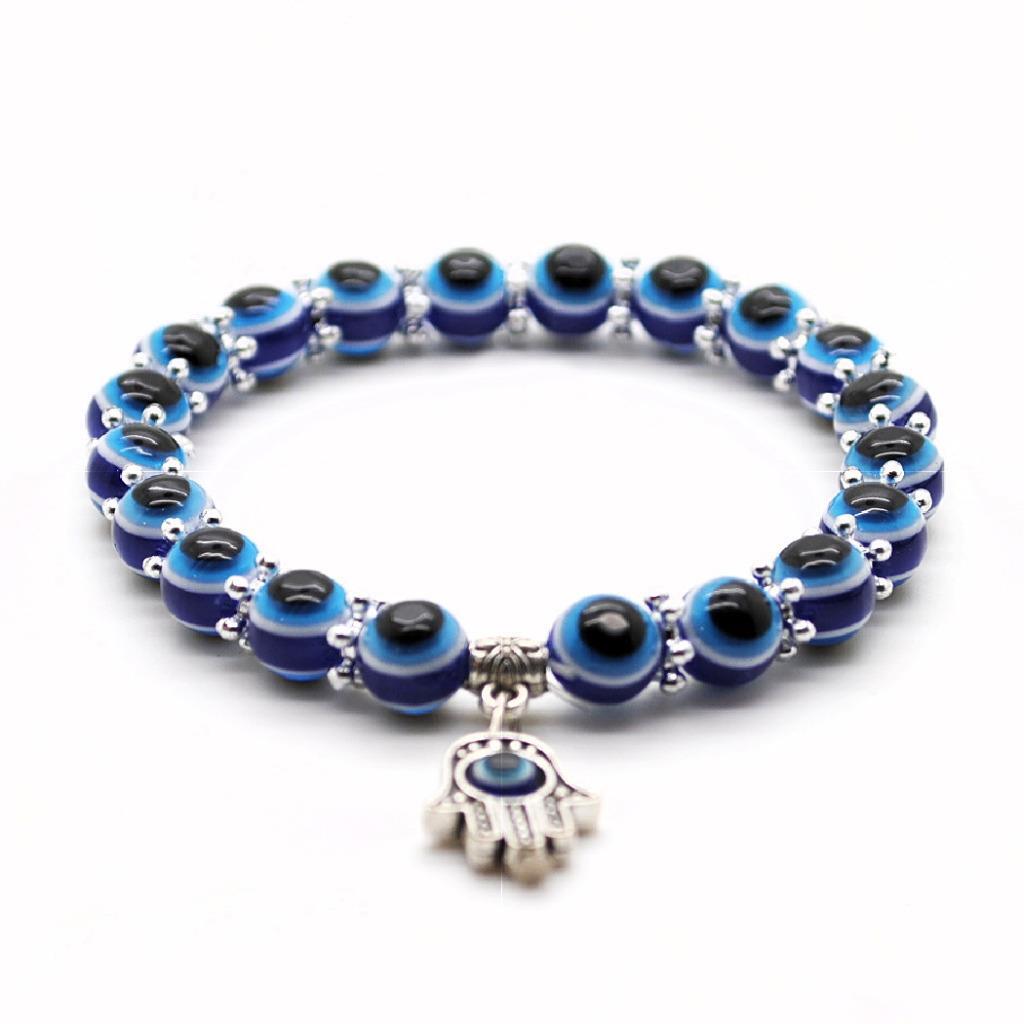 EVIL EYE HAMSA HAND BRACELET 8mm Resin Bead Blue Stretch Luck ...