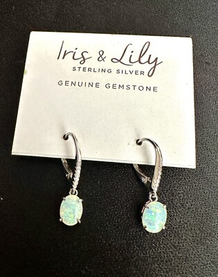 Iris and Lily925 Sterling Silver Lab Created White Opal CZ Dangle Earrings
